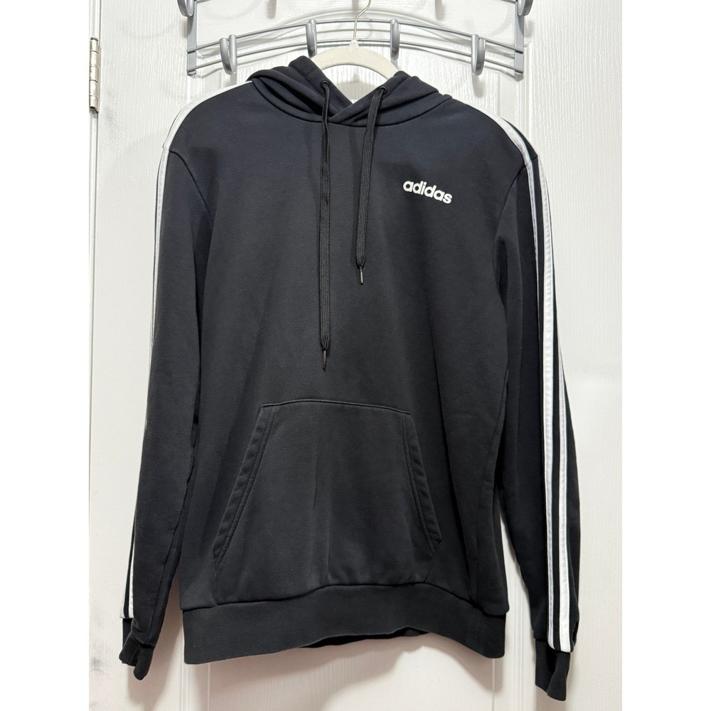 Adidas‎ Men's Black Hoodie Sweatshirt with White 3 Stripe Sleeves Size M